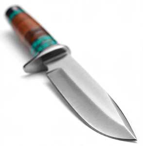 Outil utilitaire d'extérieur à lame fixe, fabriqué à la main, avec manche empilé turquoise et bois - Product Image 3