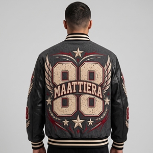 Chaqueta Letterman Gris para Hombre con Mangas de Cuero Negro, Diseño Bordado con Número Gráfico, Cierre Frontal con Broches, Estilo Urbano - Product Image 5