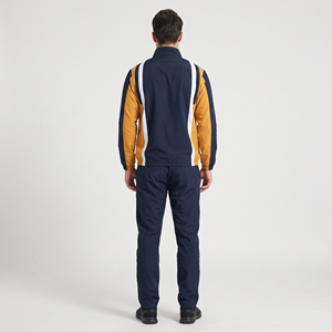 Ensemble de survêtement athlétique deux pièces pour homme avec veste zippée jaune moutarde et rayures bicolores blanches - Product Image 2