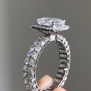 Silver Rhodium Plated Moissanite <b>Ring</b> Radiant Cut Eternity Band Rectangular Stone Minimalist Engagement Anniversary Wedding Gift - Product Image 3