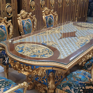 Ensemble de table à manger de style baroque européen de luxe en acajou massif avec accents dorés et bleus, table rectangulaire classique avec buffet - Product Image 6