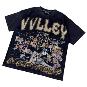 T-shirts grande taille pour hommes, col carré 7-quarts, 100% coton épais, personnalisé avec strass, style vintage délavé à l'acide - Product Image 5