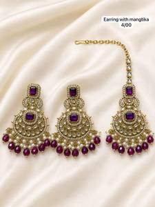 Boucles d'oreilles pendantes plaquées or avec zircon et motif floral ethnique, ensemble Maangtika, bijoux de fiançailles noirs et blancs pour femmes - Product Image 3