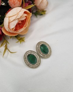 Designer Oval Stone <b>Crystal</b> <b>Stud</b> <b>Earrings</b> Ethnic Antique Gold Plated Fashion Indo Western Party Wear Jewelry For Women Wholesale - Product Image 3