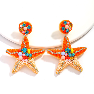 Boucles d'oreilles bohèmes faites à la main pour femmes, style océan, perles de riz, étoiles de mer et strass, vente en gros - Product Image 3