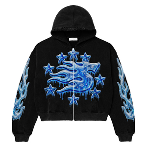 Sweat à capuche oversize pour homme en coton 100% tricoté, délavé à l'acide, imprimé flamme noire, style streetwear, pour l'hiver - Product Image 2