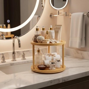 Organisateur de cosmétiques rond en bois Lazy Susan avec support, design classique, finition craquelée, durable, fait main, pour rangement de salle de bain - Product Image 3