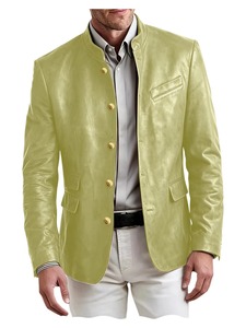 <b>Men's</b> Vintage PU Leather Stand Collar Blazer Gold Button Casual Business <b>Jacket</b> With Flap Pocket Front Slim Fit <b>Smart</b> Casual - Product Image 3