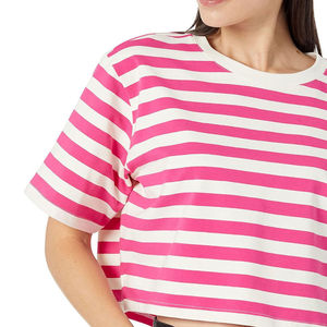 Camiseta Corta a Rayas Personalizada para Mujer, Camiseta de Algodón de Corte Holgado con Manga Corta, Camiseta a Rayas Rosa y Blanca, Camiseta Corta Informal de Verano para Chicas - Product Image 5