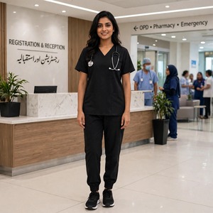 Ensemble de tenues médicales unisexe personnalisées en coton et polyester tricoté, uniforme médical, vêtements de travail pour le secteur de la santé, haut imprimé à col en V et pantalon jogger - Product Image 2