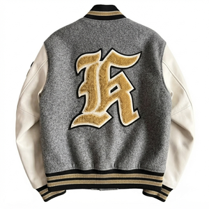 Custom Grey Wool Body <b>White</b> Sleeve Hooded Breathable Windproof Letterman <b>Jacket</b> Casino Patches <b>Men</b> Vintage College Bomber Casual - Product Image 3