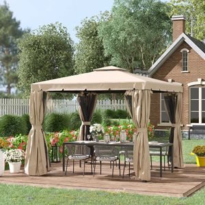 Gazebo da Esterno Khaki 3x3 Metri con Tetto a Doppia Ventilazione, Zanzariere e Tende, Impermeabile, con Pali in Metallo per Ville, Cortili, Parchi, Hotel - Product Image 2
