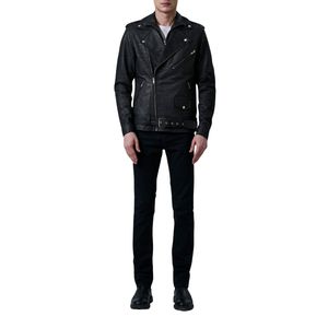 Chaqueta de Motociclista de Cuero Genuino Negro para Hombre, con Cinturón y Cremallera, Resistente al Viento - Product Image 2