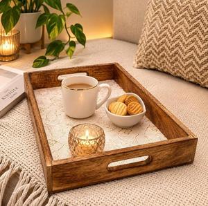 Plateau de rangement en bois rectangulaire, motif floral en relief, finition polie, utilisation en cuisine, luxe moderne, compatible lave-vaisselle - Product Image 2