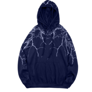 Sudadera con Capucha Negra para Hombre con Estampado de Rayos Púrpura, Corte Holgado Informal, Tejido de Poliéster, para Otoño - Product Image 4