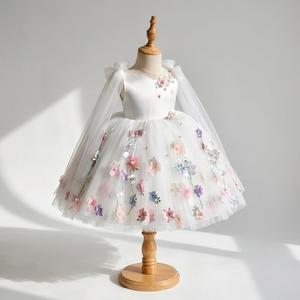 Vestido de Niña para Dama de Honor, Blanco, Bordado con Flores, Tul Suave y Cómodo, Antiarañazos, para Boda o Comunión, Mercado Europeo - Product Image 1