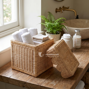 Handwoven Rattan <b>Storage</b> Basket with Scalloped Lid Woven Organizer <b>Bin</b> for Home Bedroom Nursery - Product Image 5