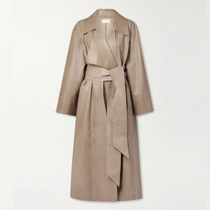 Minimalist Faux Leather Trench <b>Coat</b> With Belt Long Sleeve Notched Collar Solid Color Autumn Outerwear Women's <b>Coat</b> - Product Image 1