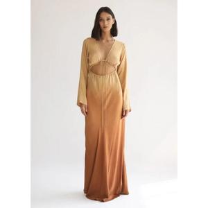Vestido Largo Maxi para Mujer, Cuello en V Profundo, Color Marrón Degradado, Sin Mangas, 100% Algodón, Estampado Floral, Ecológico, Elegante, para Fiesta o Noche - Product Image 1