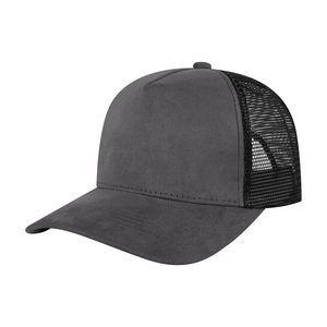 Gorra de béisbol unisex de 5 paneles con cierre a presión, parte delantera de ante y parte trasera de malla, proveedor al por mayor - Product Image 1