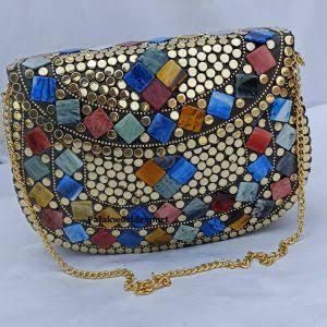 Women's Vintage Gold Metal Shell Clutch <b>Handbag</b> with Bead Dot Pattern Bohemian Style Half Moon Shape Chain Strap Large Capacity - Product Image 2