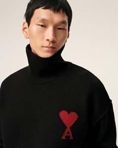 Suéter de Cuello Alto Negro para Hombre, con Logotipo de Corazón Bordado, Tejido de Lana, Estilo Holgado, Informal, para Invierno - Product Image 3