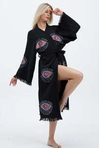 2026 Robe longue kimono en coton, motif œil protecteur, imprimée à la main, style ethnique bohème, vêtement de plage, veste hippie, peignoir de festival pour femme - Product Image 6