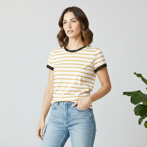 Camiseta de Mujer Blanca con Estampado a Rayas Color Mostaza, Estilo Pullover de Alta Calidad, Precio al por Mayor con OEM - Product Image 4