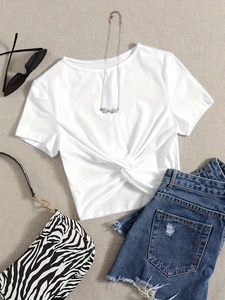 Custom Logo Cotton <b>Crop</b> <b>Top</b> T Shirt Wholesale Ladies Casual Short Sleeve Cropped Tee Summer Fashion Street Style Slim Fit <b>Top</b> - Product Image 4
