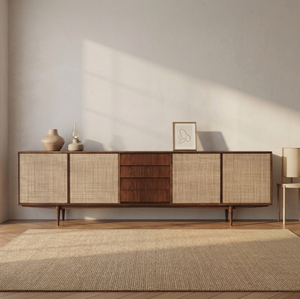 Cómoda Minimalista de Madera Maciza de Teca Elmar con Puertas de Panel Tejido y Cajones Centrales, Ecológica y Duradera, para Dormitorio o Sala de Estar Estilo Rústico - Product Image 6