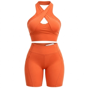 Women's Orange Cross Back Sports Bra <b>Shorts</b> Set <b>Seamless</b> Yoga <b>Gym</b> Workout Clothing Custom Private Label OEM - Product Image 1