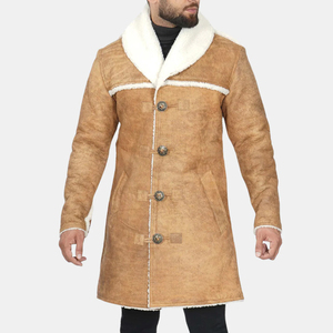 Wholesale <b>Vintage</b> Fur Leather <b>Trench</b> <b>Coat</b> Premium Men's Winter Long Customizable Horn Button Closure - Product Image 2