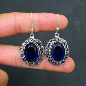 Customised London Blue Topaz LAB-CREATED 925 Sterling Silver <b>Earrings</b> 1.9" Handmade Gemstone Jewelry Antique <b>Fine</b> <b>Earring</b> Gift - Product Image 1