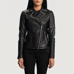 Direct Factory's Hot Sale Custom Women's XL Sheepskin Leather Biker Jacket <b>Studded</b> Aniline Finish High Quality Custom Logo - Product Image 1