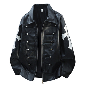 Contrasting Color Minimalist Rivet Design Vintage <b>Motorcycle</b> Style <b>Retro</b> Casual Breathable Windproof PU Leather <b>Jacket</b> Zipper - Product Image 4