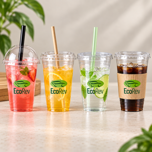 Gobelets en plastique transparent EcoRev, ronds, en PP, imprimés en sérigraphie avec logo feuille verte, pour boissons, diamètre 98 mm - Product Image 2