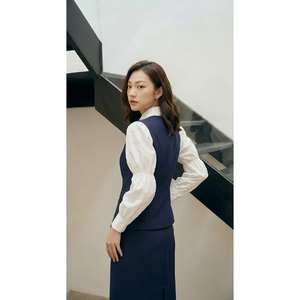 Ensemble tailleur femme prêt à expédier, gilet bleu marine, jupe longue et chemise à manches bouffantes, tenue de travail élégante, best-seller - Product Image 1