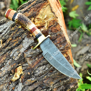 Cuchillo de Caza Artesanal de Acero de Damasco con Cuerno de Ciervo - Hoja Fija de Punta Caída Afilada como una Navaja con Funda, Venta al por Mayor OEM/ODM - Product Image 2