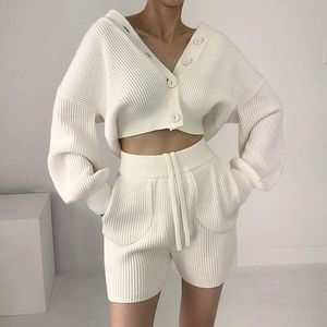 Custom Women Knit Crop Wool Rib Knit <b>Cardigan</b> <b>Sweater</b> 2 Two Piece Lounge Wear Short Pants Set - Product Image 6