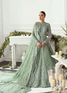 Robe de mariée pakistanaise de luxe vert menthe à manches longues, en tulle lourdement pailleté, style Peshwas, longueur ras du sol, robe de bal de mariage maxi - Product Image 5