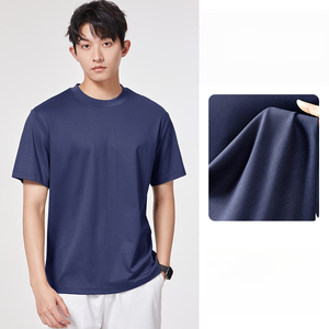 T-shirt à manches courtes pour homme, bleu marine, séchage rapide, respirant, anti-rides, coupe classique, col rond, décontracté, tricoté en polyester/coton, uni - Product Image 1