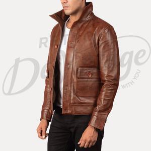 แจ็คเก็ตหนังสีน้ำตาลพรีเมียมสำหรับผู้ชาย แบบซิป แจ็คเก็ตลำลองขายส่ง หนังแท้ ทรงเข้ารูป - Product Image 5