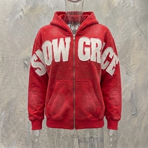 Snow Grace Red Hooded Zip-Up Fleece Sweatshirt Unisex Casual Winter Wear - Product Image 2