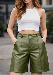 Shorts Bermuda en Cuir de Mouton Imperméables et Respirants, Taille Haute Élastique, Jambes Larges Lavées, Style Streetwear - Product Image 1