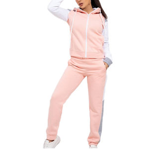 65% Cotton 35% Polyester Racing <b>White</b> & Pink Color Athletics Club Full Zip Hood Women's Cropped <b>Tracksuit</b> Breathable - Product Image 3