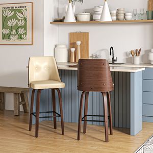 Set di 2 Sgabelli da Bar Girevoli Beige, Altezza Bancone, in Pelle PU con Schienale Trapuntato, Poggiapiedi, Design Contemporaneo, Base Cromata per Uso in Cucina - Product Image 2