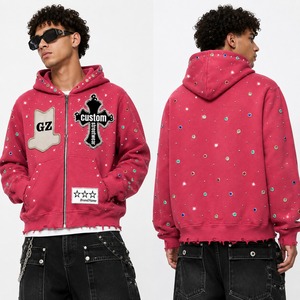 Custom Rhinestone <b>Zip</b> Up Hoodie Distressed Streetwear Heavyweight Fleece <b>Hooded</b> Sweatshirt Casual Fashion Unisex Wear - Product Image 6