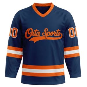 Maillot de hockey sur glace sublimé pour hommes, bleu marine et orange, col en V, rayé, en polyester, pour l'entraînement et les matchs, uniforme d'équipe - Product Image 1