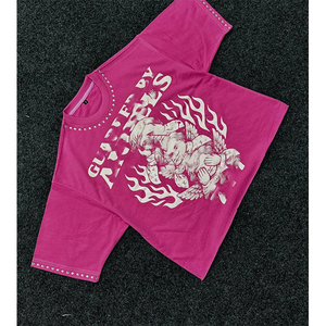 Pink Oversized Men's T-<b>Shirt</b> with Angel <b>Flame</b> Print Short Sleeve O-Neck Casual Terry 100% Cotton Front Logo - Product Image 1