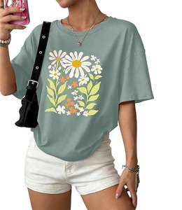 Camiseta de Algodón 100% Estampada al por Mayor para Mujer, Manga Corta, Cuello Redondo, Hombro Caído, Cómoda, Oversize, de Bangladesh - Product Image 2